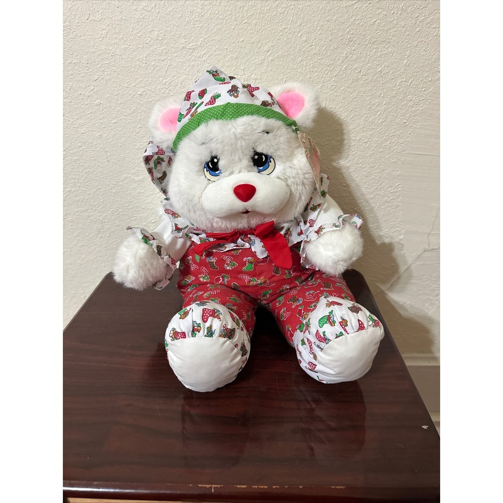 Vintage Well-Made Toy Corp Christmas Bear Plush White Red Stocking Outfit Hat